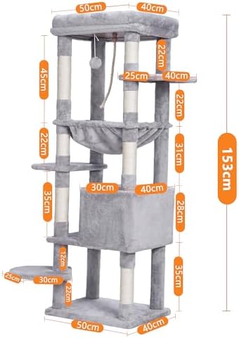 Arbre à Chat XXL 152 cm pour Gros Chats, Gris Clair, Multi-Niveaux