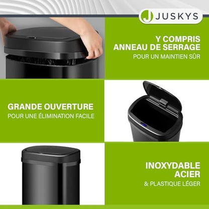 Juskys Poubelle Automatique 50L, Détecteur de Mouvement, Noir, Couvercle Électrique