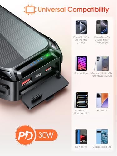 Batterie Externe Solaire 26800mAh avec Charge Rapide et Câbles Intégrés