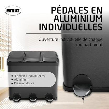 Amig Poubelle Triple avec Pédales, 45L, 3 Compartiments Amovibles, Noir Mat
