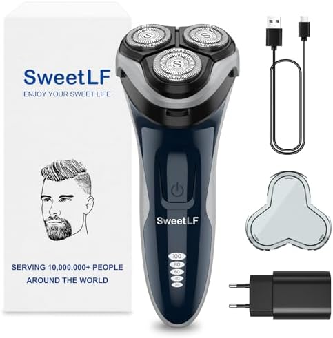 SWEETLF Rasoir Électrique Homme SWS7105, Rechargeable Wet & Dry, 3D Têtes Rotatives, 120 min Autonomie, Bleu Foncé