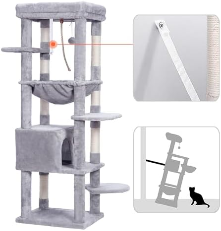 Arbre à Chat XXL 152 cm pour Gros Chats, Gris Clair, Multi-Niveaux