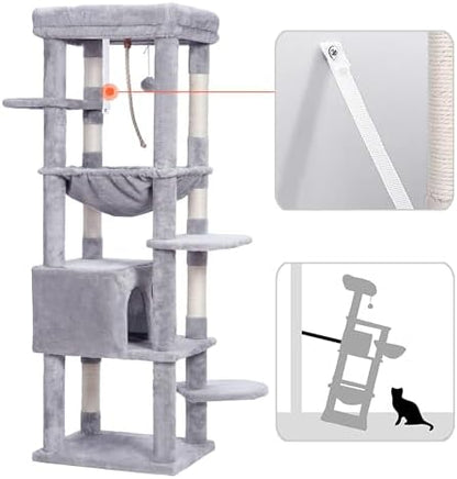 Arbre à Chat XXL 152 cm pour Gros Chats, Gris Clair, Multi-Niveaux