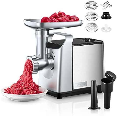 HOUSNAT Hachoir à Viande Électrique, 1500W Max, 3 en 1, Acier Inoxydable, Argent/Noir