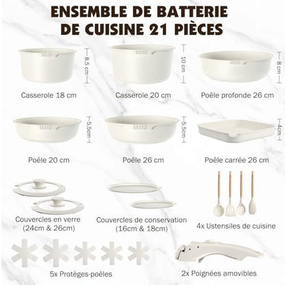 Ensemble Antiadhésif Batterie de Cuisine 21 Pièces, Blanc, Poignées Amovibles
