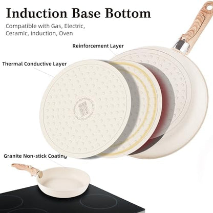 Batterie de Cuisine Induction Antiadhésive Granit, Poignées Détachables, Beige
