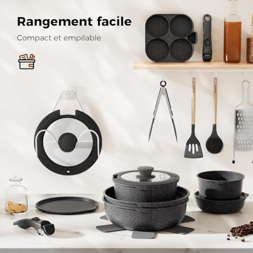Batterie de Cuisine Antiadhésive 20 Pièces, Poignées Amovibles, Blanc