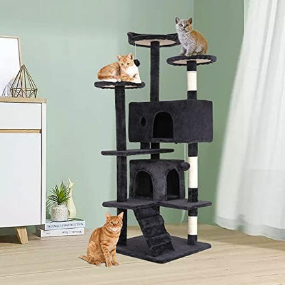 Arbre à Chat Multi-Niveaux 139 cm, Gris Foncé, avec Niches et Plateformes