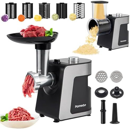 Parmedu Hachoir Électrique Multifonction CK008, Trancheuse et Râpe à Fromage, 12 Accessoires, Noir