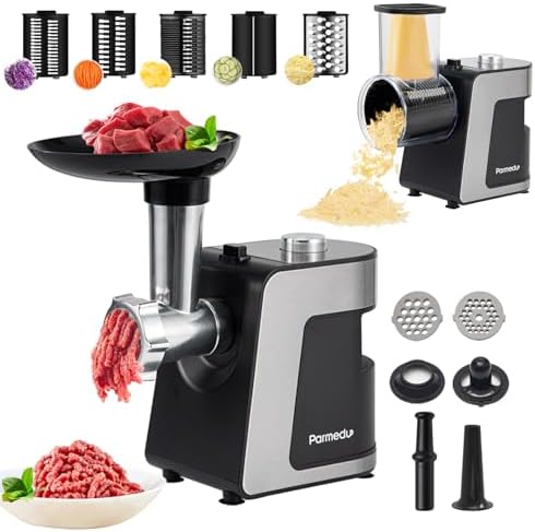 Parmedu Hachoir Électrique Multifonction CK008, Trancheuse et Râpe à Fromage, 12 Accessoires, Noir