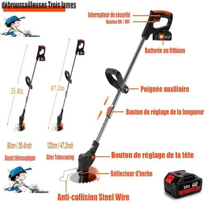 Coupe Bordure Puissant 24V Debroussailleuse Electrique sans Fil, Hauteur Réglable