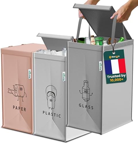 Norggo Poubelle Tri Sélectif 3 Bacs 40L, Sac Tri Sélectif Plastique, Papier et Verre
