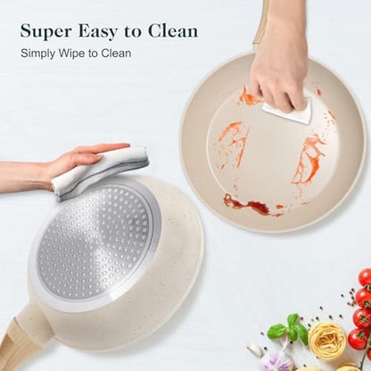 Set de Batterie de Cuisine Antiadhésif en Céramique, Crème, 11 Pièces