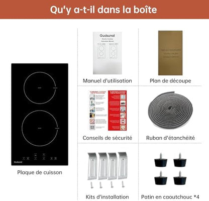 Plaque Induction 2 Feux Encastrable, 3600 W, Noir, 29x52 cm