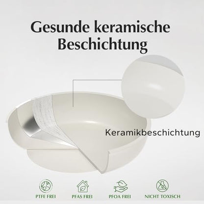 Batterie de Cuisine Antiadhésive en Céramique, Lot de 16, Blanc, Poignée Amovible