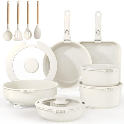 Ensemble Antiadhésif Batterie de Cuisine 21 Pièces, Blanc, Poignées Amovibles