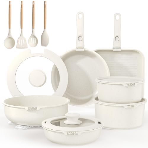 Ensemble Antiadhésif Batterie de Cuisine 21 Pièces, Blanc, Poignées Amovibles