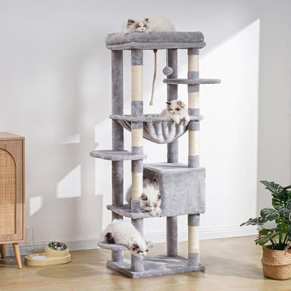 Arbre à Chat XXL 152 cm pour Gros Chats, Gris Clair, Multi-Niveaux