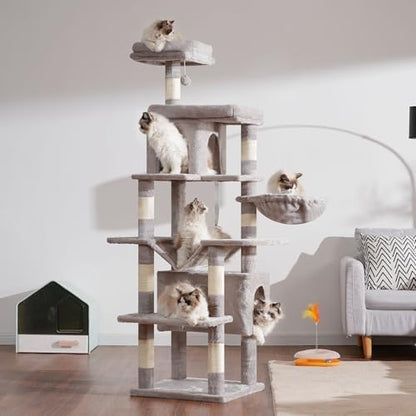 Arbre à Chat Multi-Étagé 178cm, Gris Clair, avec 8 Colonnes à Griffer