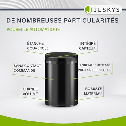 Juskys Poubelle Automatique 50L, Détecteur de Mouvement, Noir, Couvercle Électrique