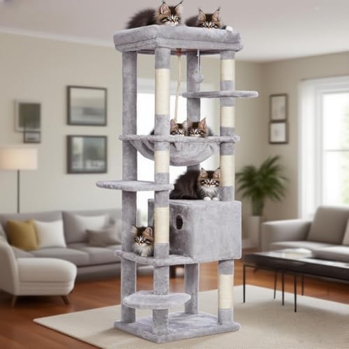 Arbre à Chat XXL 152 cm pour Gros Chats, Gris Clair, Multi-Niveaux