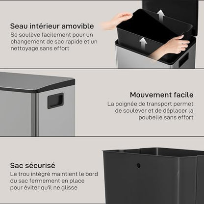 HOMCOM Poubelle Cuisine 50L, Acier Inoxydable, Couvercle Doux, Anti-Odeurs
