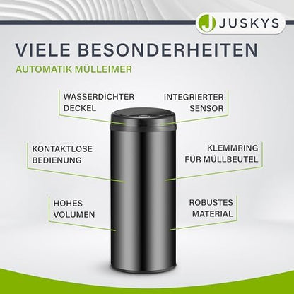 Juskys Poubelle Automatique 50L, Capteur de Mouvement, Couvercle Étanche, Noir
