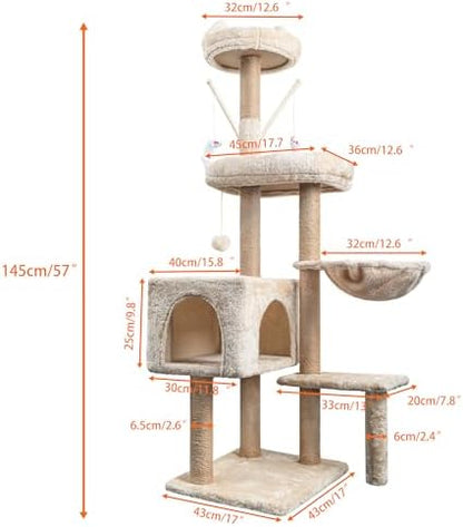 Tour de Jeux pour Chats 145 cm Arbre à Chat, Gris avec 7 Griffoirs