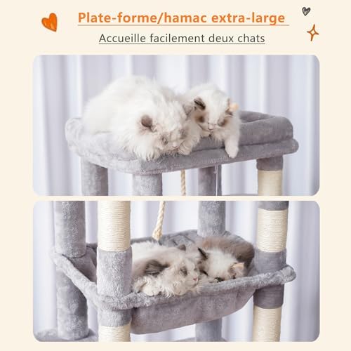 Arbre à Chat XXL 152 cm pour Gros Chats, Gris Clair, Multi-Niveaux