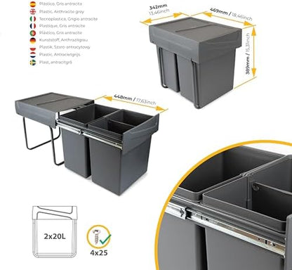 Emuca Poubelles de Recyclage Amovibles, Modèle 8199423, 40L, Gris Anthracite