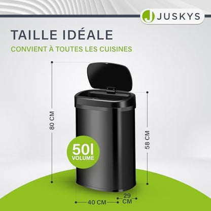 Juskys Poubelle Automatique 50L, Détecteur de Mouvement, Noir, Couvercle Électrique