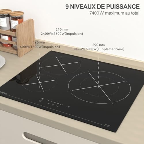 Table de Cuisson à Induction 3 Feux, 7400W, Verre Noir