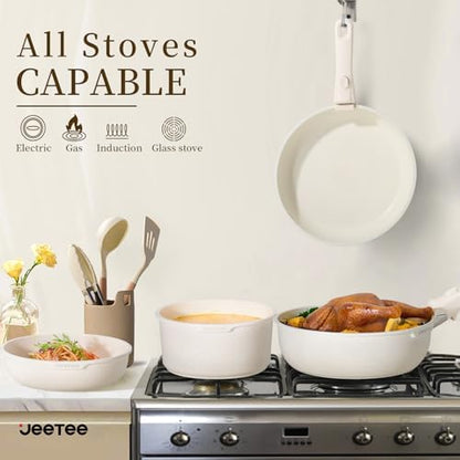 Batterie de Cuisine Antiadhésive 17 Pièces, Beige, Poignée Amovible