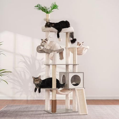 Arbre à Chat Moderne en Bois, Gris Rustique, 156 cm, avec Griffoirs et Hamac