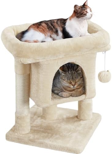 Arbre à Chat Design avec Niche et Plate-Forme, Beige, Hauteur 59cm