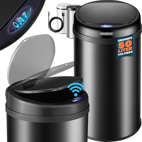 Monzana Poubelle Automatique 50L, Acier Inoxydable, Capteur de Mouvement, Noir