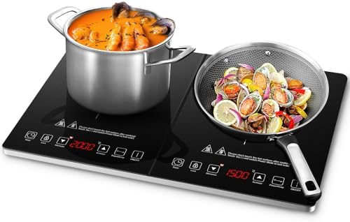 Plaque Induction 2 Feux Portable, Noir et Argent, 3500W, 20 Niveaux de Température