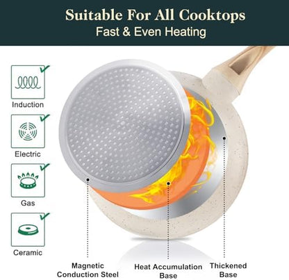 Set de Batterie de Cuisine Antiadhésif en Céramique, Crème, 11 Pièces