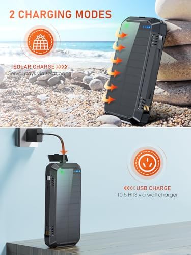 Batterie Externe Solaire 49800mAh, Charge Rapide PD30W avec Câbles Intégrés