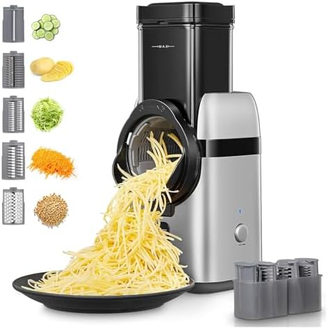 FOHERE Râpe à Légumes Électrique 5 en 1, 80W, Lames Interchangeables, Argent