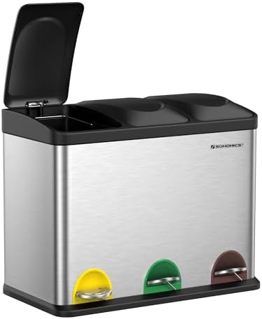 SONGMICS Poubelle de Cuisine Triple, 45L, Acier, 3 x 15L, Argent