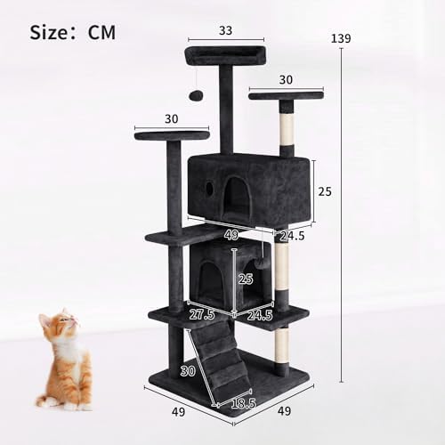 Arbre à Chat Multi-Niveaux 139 cm, Gris Foncé, avec Niches et Plateformes