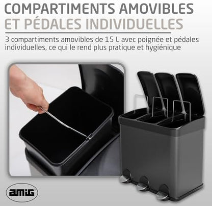 Amig Poubelle Triple avec Pédales, 45L, 3 Compartiments Amovibles, Noir Mat