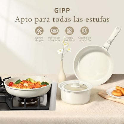 Batterie de Cuisine Antiadhésive en Céramique, Set de 7 Pièces, Blanc