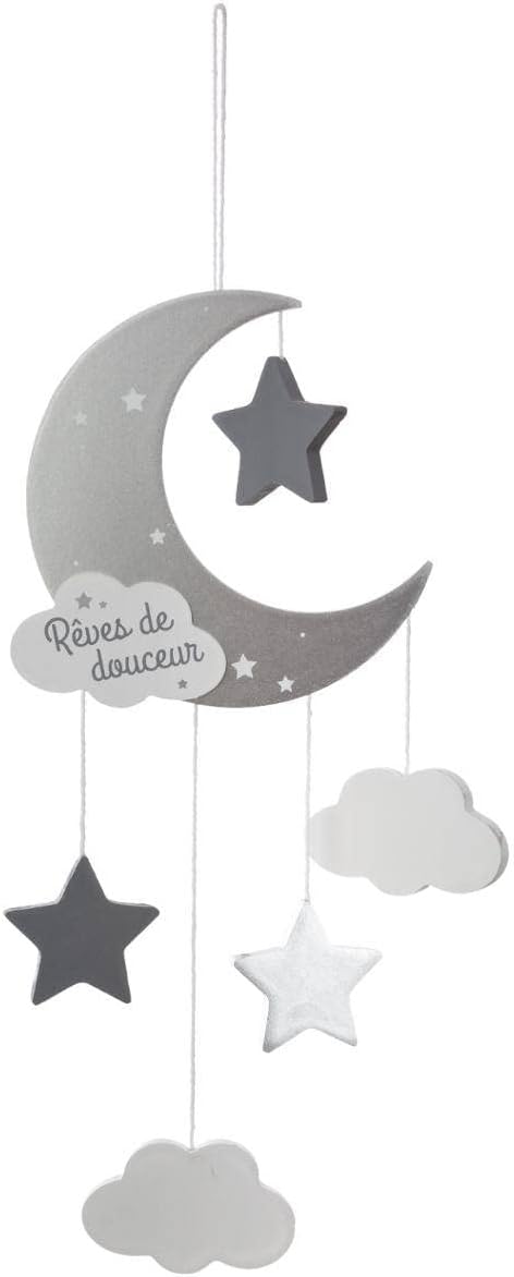 Suspension Enfant Lune - Bois MDF - Coton Gris