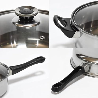 Batterie de Cuisine 12 Pièces en Acier Inoxydable, Compatible Induction, Couvercles en Verre