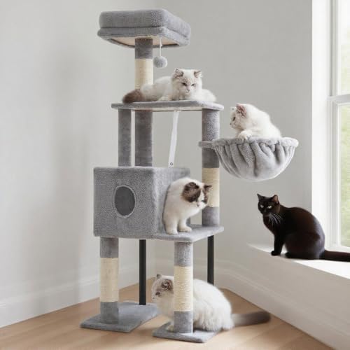 Arbre à Chat 125 cm avec Niche et Griffoir en Sisal, Gris Clair