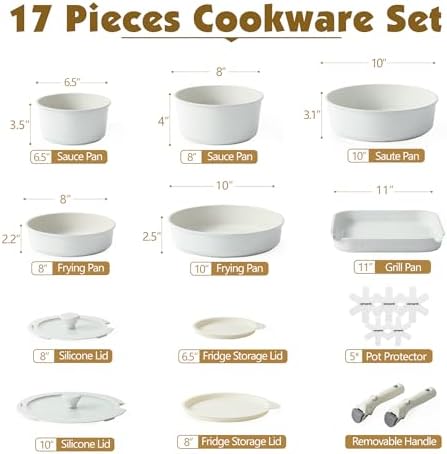 Batterie de Cuisine 17 Pièces Induction avec Poignées Amovibles, Blanc