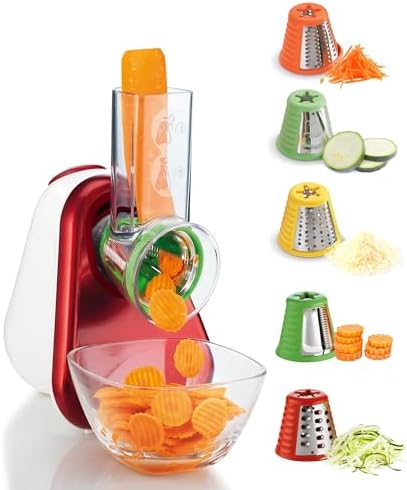 Moulinex Râpe Légumes Électrique 5-en-1 DJ755G10, Rouge et Blanc, Fabriqué en France