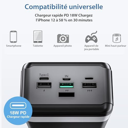 Batterie Externe 50000mAh avec Charge Rapide, Écran LED et Lampe de Poche